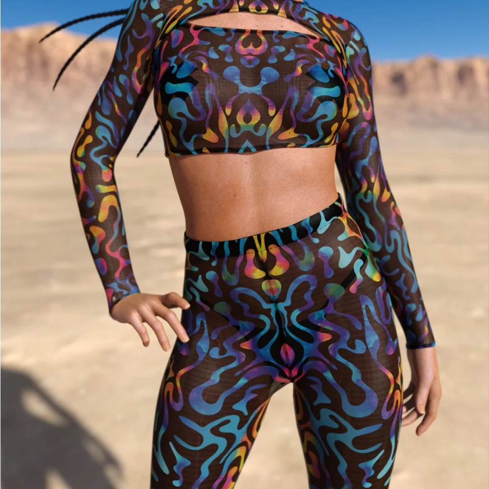Colorful print mesh top & leggings set -jungle zest candy catz - rave festival